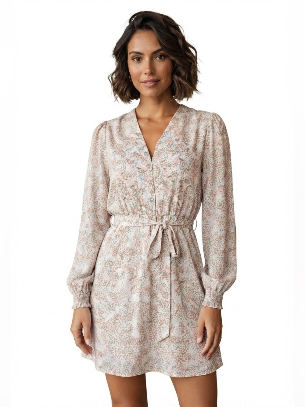 Gentle Fawn Floral Wrap Tie-Waist Long Sleeve Dress - Blush